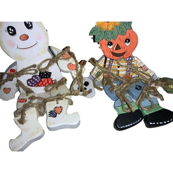 Wood Halloween Shelf Sitters Decor Set of Two Ghost Pumpkin - Picture 3 of 9